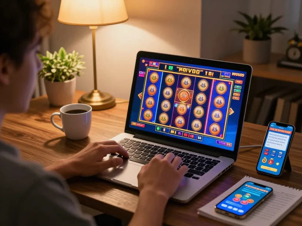 Engaging in sun win online slots gameplay on laptop at home for responsible gaming.