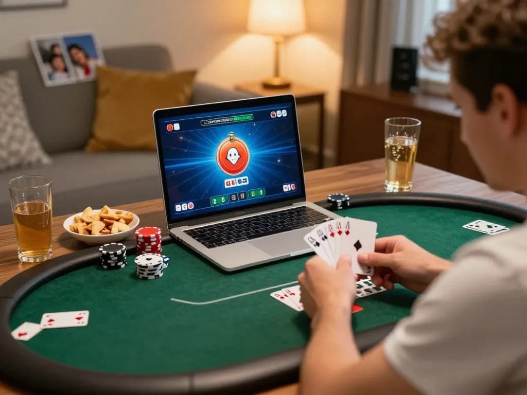 Player strategizing in an online poker game at https://x88.design/ with intense focus and a cozy home setting.