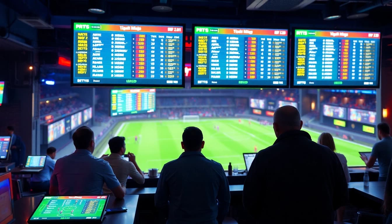 Tỷ lệ kèo nhà cái displayed on screens in a vibrant sports betting environment