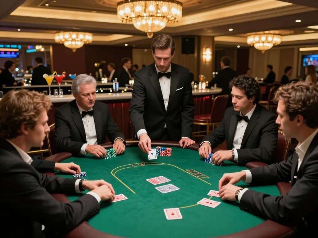 Exciting poker gameplay at CM88 casino table with players and dealer showcasing strategy and social interaction.