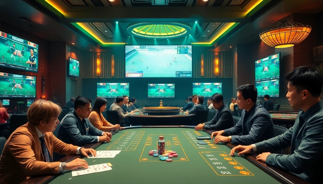 Engaging scene of Taruhan Bola action with betting slips and poker chips in a vibrant casino atmosphere.