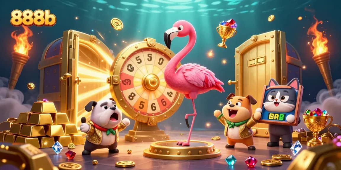 Experience excitement at 888b with the game show host spinning the golden prize wheel amidst treasure.