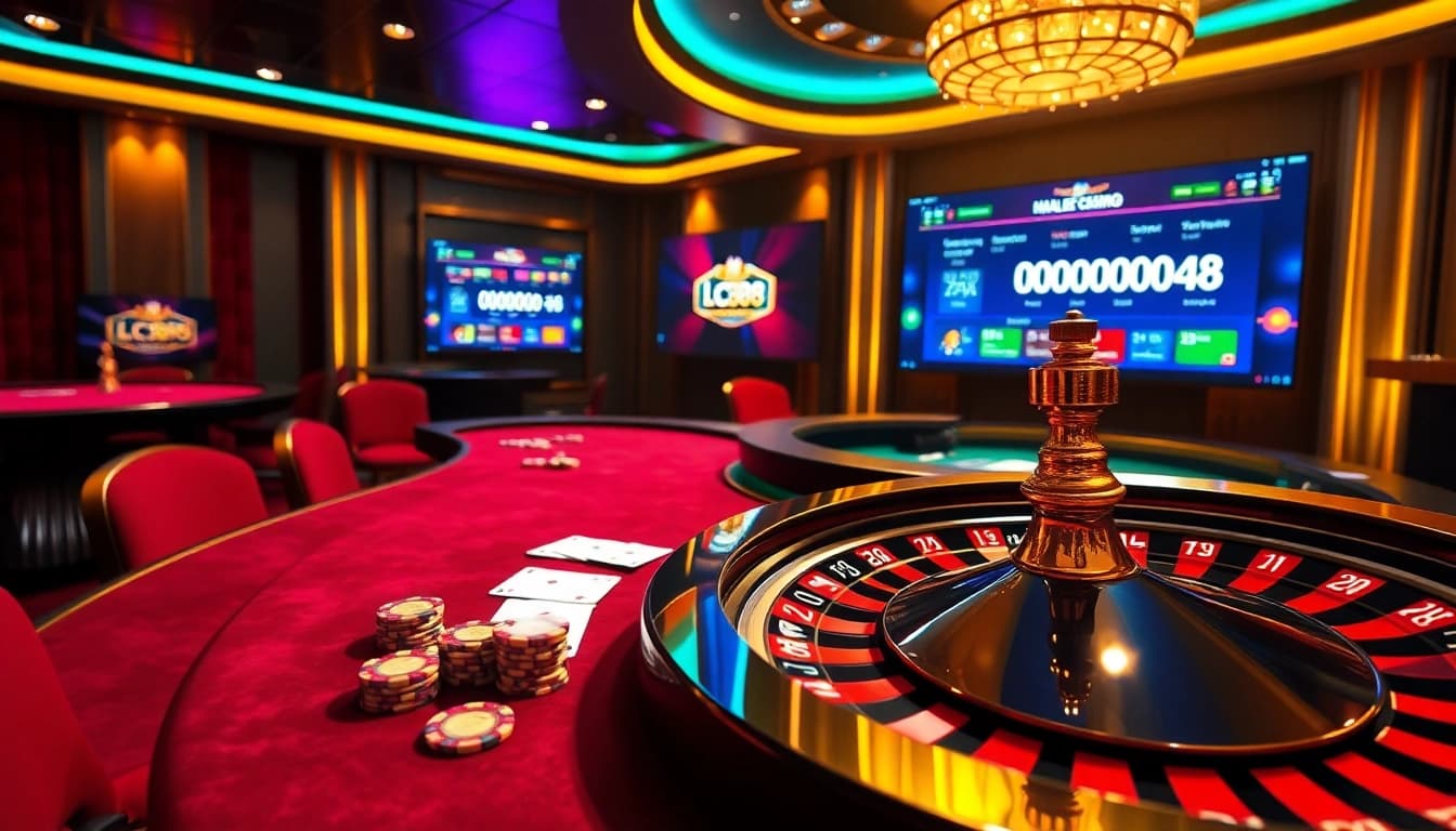 Experience luxury gambling with lc88 in a vibrant online casino setting featuring tables and chips.