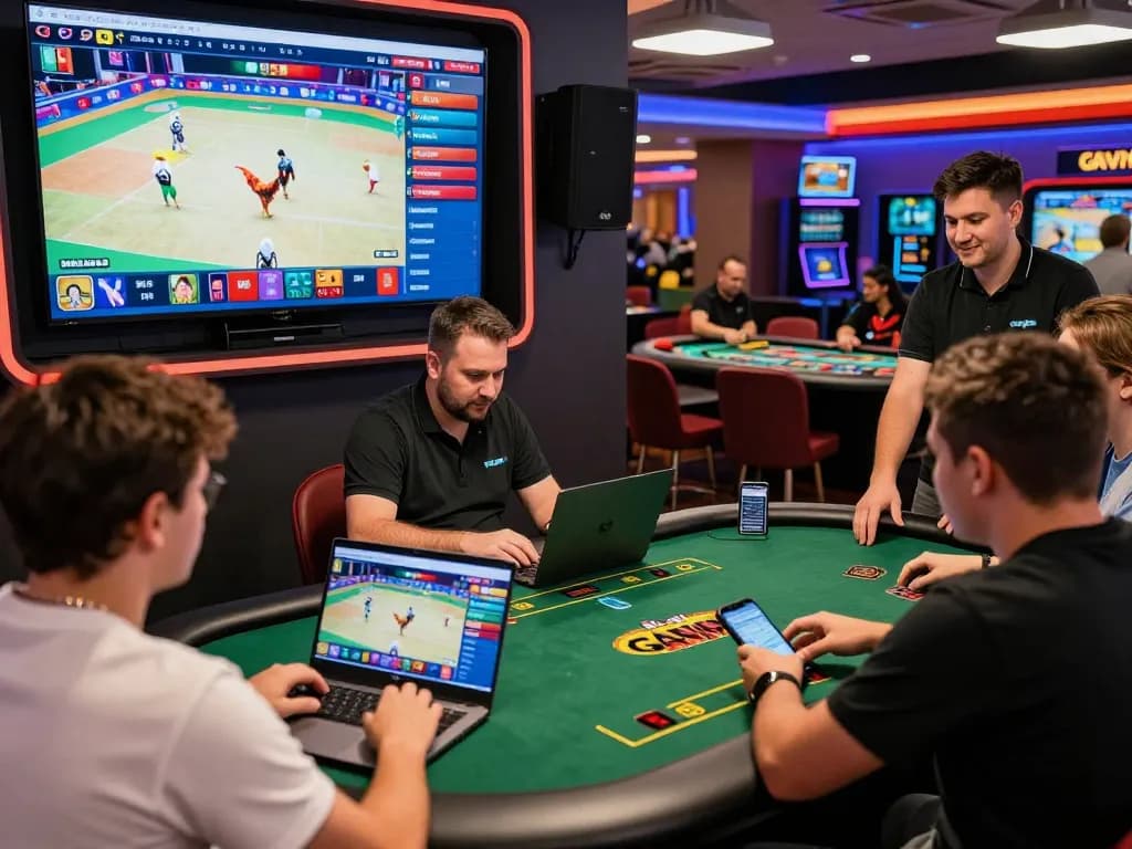 Players at GAVN99 enjoying live cockfighting and casino games with a vibrant atmosphere.