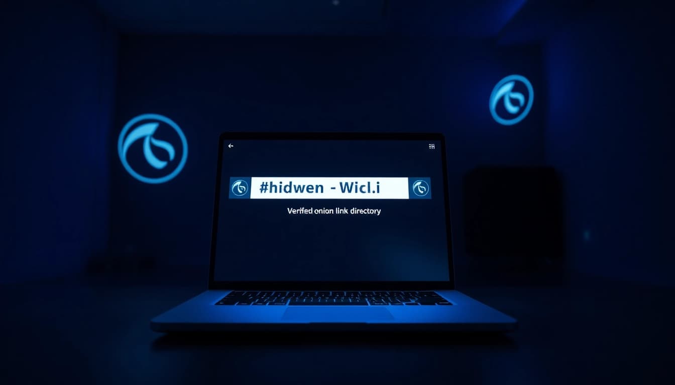 Access the hidden wiki URL securely in a professional dark web environment illuminated by ambient light.