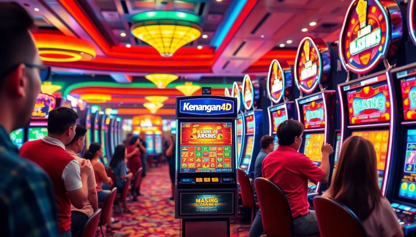 Kenangan4D menampilkan kegembiraan di mesin slot kasino yang berwarna-warni.