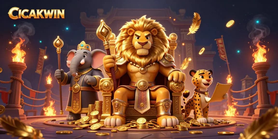 CICAKWIN showcases an epic casino scene with a lion king, an elephant advisor, and a cheetah messenger amidst thrilling gaming elements.