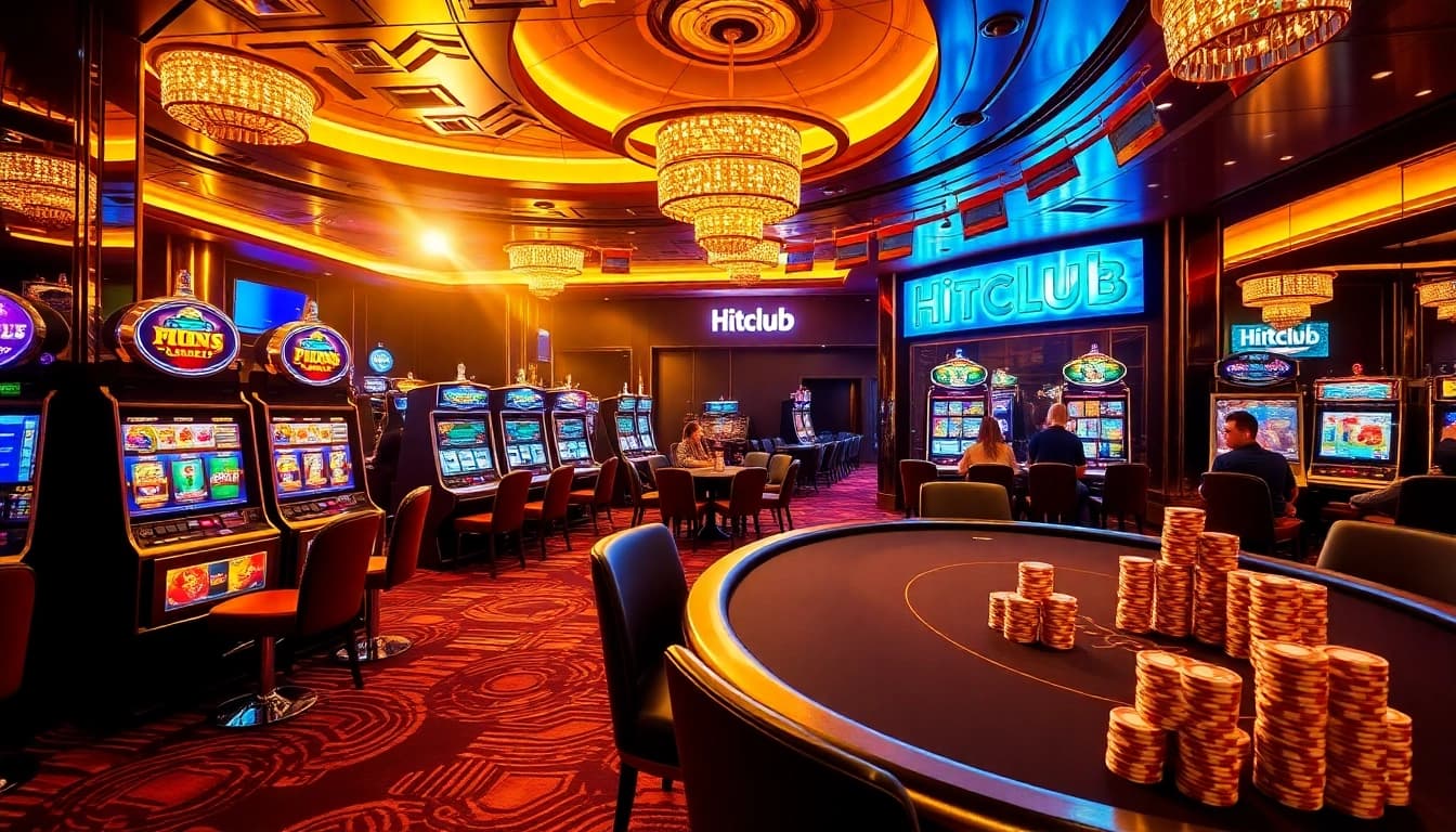 Hitclub players engaging in thrilling casino games surrounded by vibrant slot machines.
