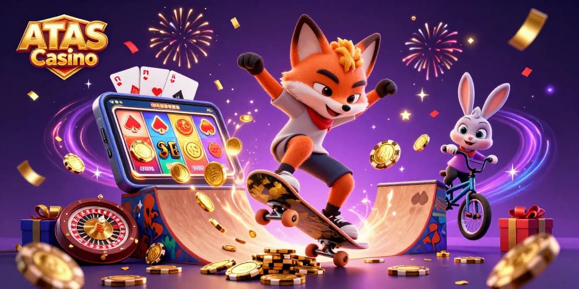 Engage with ATAS Casino's vibrant gaming scene featuring a dynamic illustration of fun characters in a colorful casino environment.