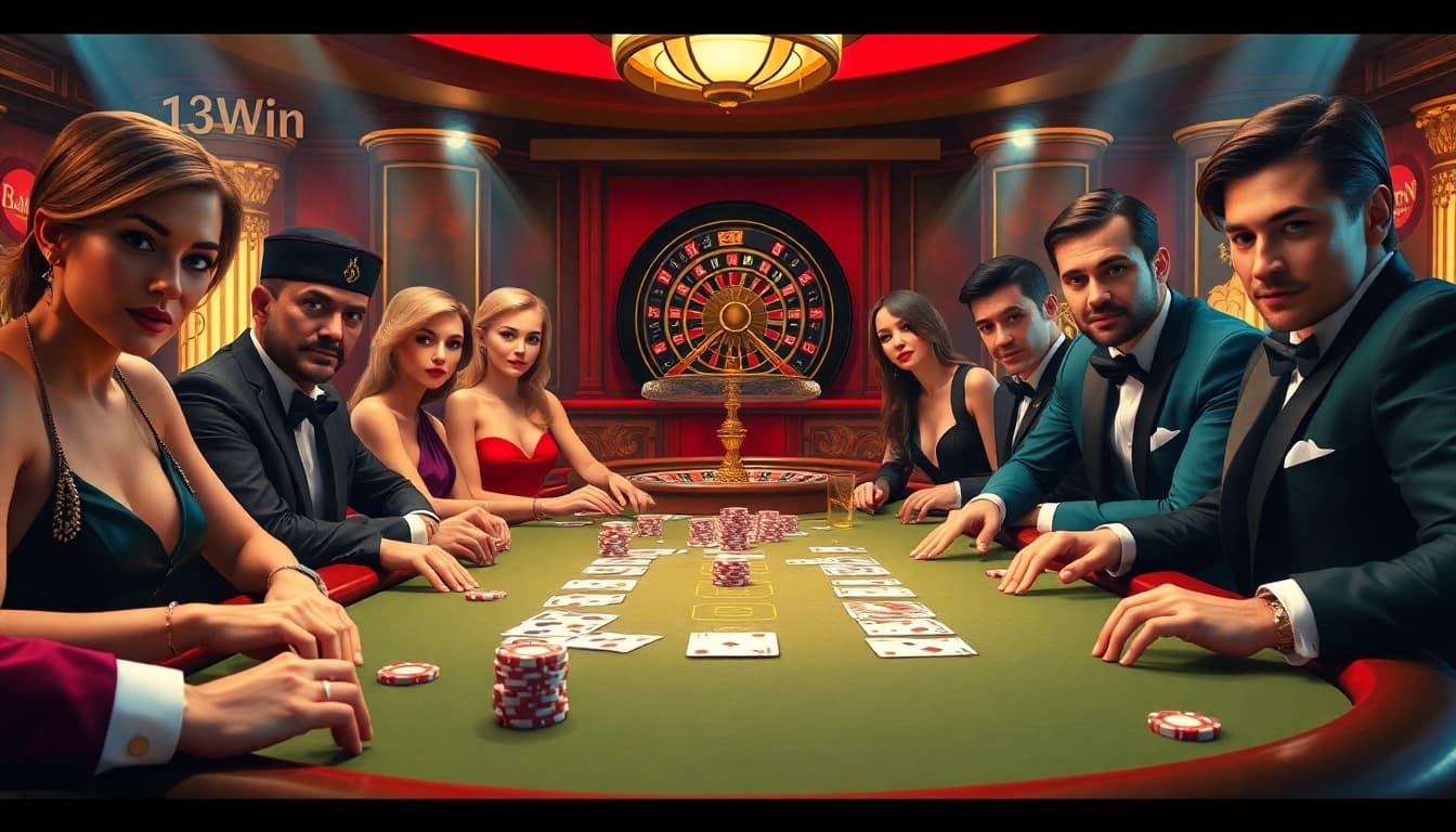 Poker table action at 13Win featuring players, chips, and excitement in a luxurious setting.