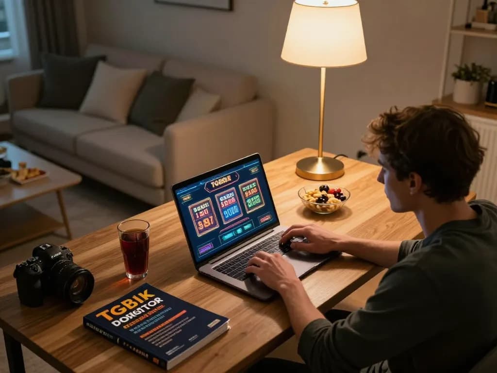 Player engaging in online gaming on TG88 from a cozy home office setup with snacks and strategy notes.