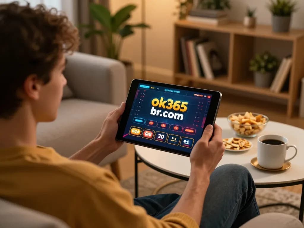 Engaging in online casino gaming on ok365.br.com, showcasing an immersive tablet interface with cozy home atmosphere.
