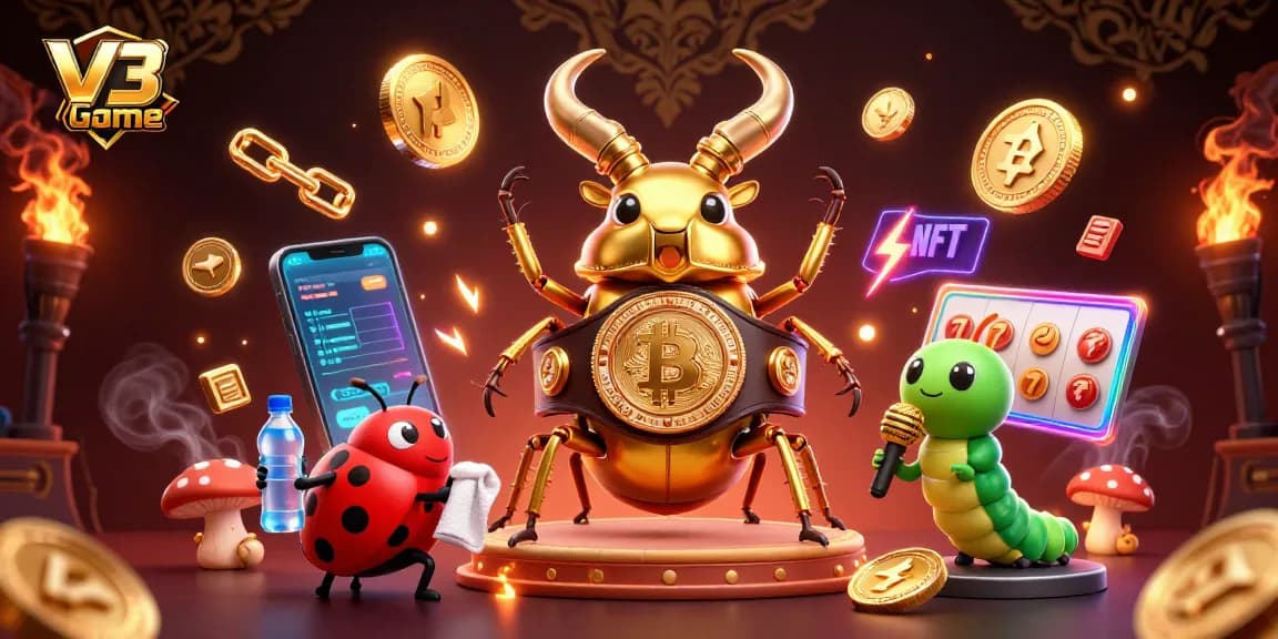 Experience thrilling gaming at V3 Game with a dynamic 3D scene featuring a golden stag beetle champion.