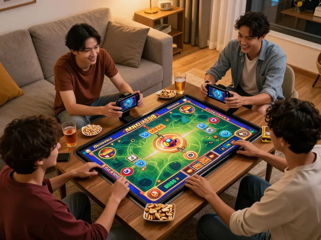 Players enjoying a lively online slot game on the mega888 apk, showcasing their excitement in a cozy home setting