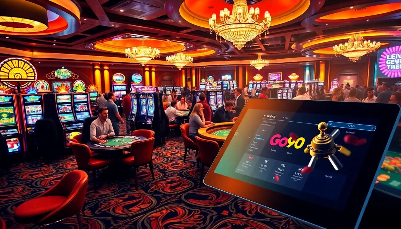 Gamblers placing bets at slot machines and poker tables inside https://go99.institute/ casino, showcasing excitement.