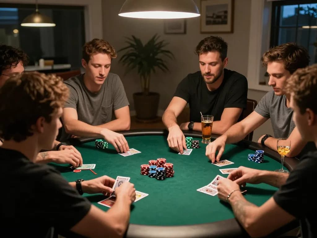 Engaged players strategizing during poker night while using megahoki88 login for their online games.