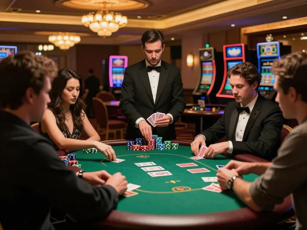 Kuwin 789 players strategizing during an intense poker game at a luxurious casino.