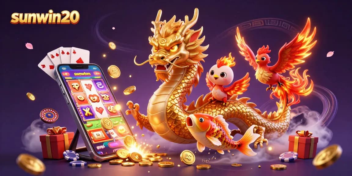 Experience the thrilling adventures of sunwin20 with a golden dragon and fiery phoenix in a casino wonderland.