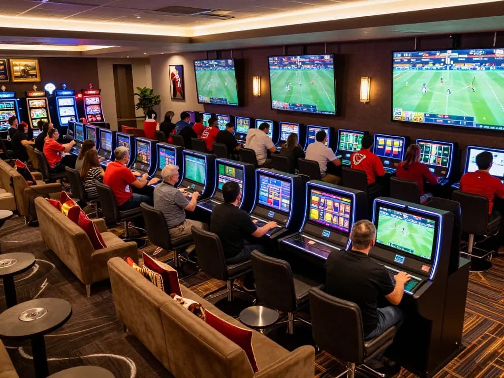 Engaged patrons placing bets at Fly88 sports betting lounge with lively screens