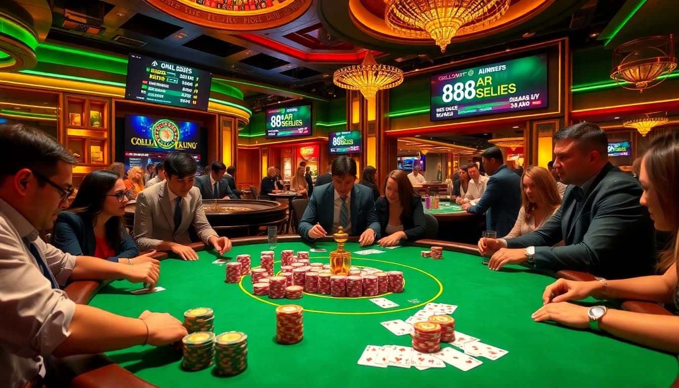 Players engaging in high-stakes gaming at 88aa casino, with poker chips and cards.