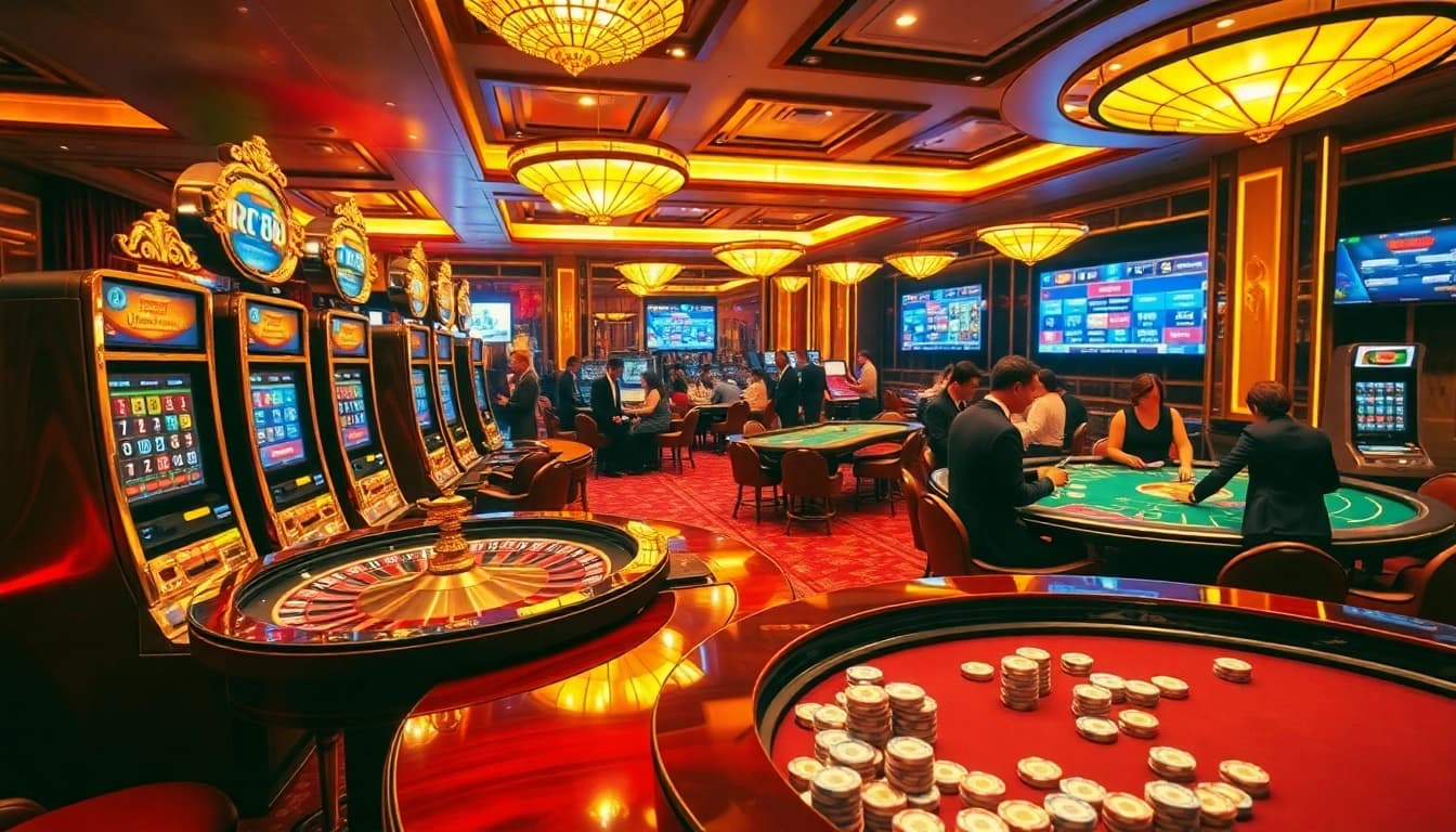 Experience the excitement of Trang chủ RR88 with a vibrant casino scene showcasing roulette and slot machines.
