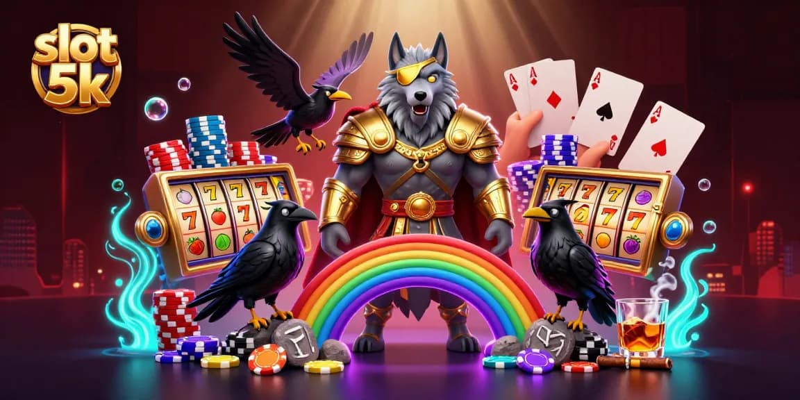 Experience thrilling gameplay with slot 5k as Odin and his ravens navigate a colorful casino scene.