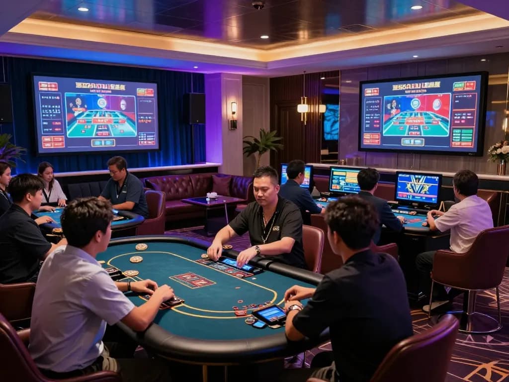 Players engaging in live dealer casino games via SC88 platform in a modern, vibrant online lounge.