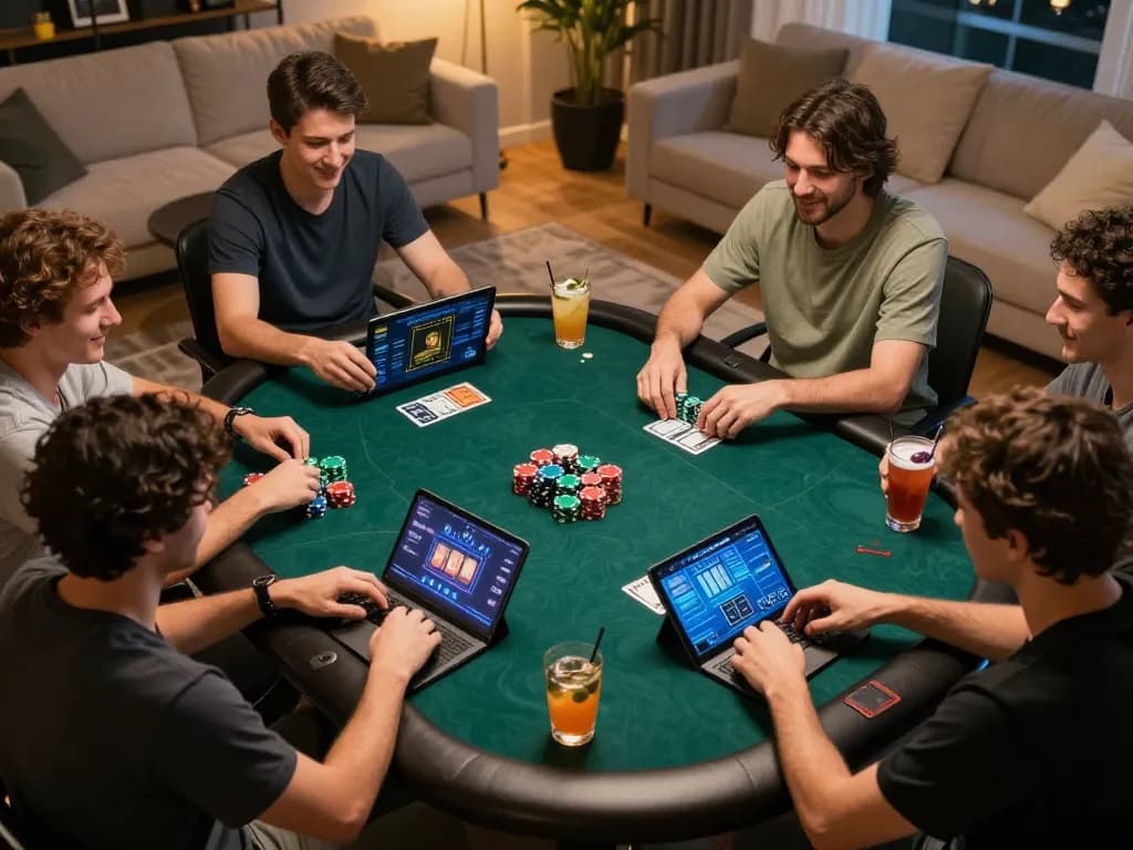 Players enjoying an engaging online poker session with Sunwin, featuring digital chips and community cards, in a stylish home setting.