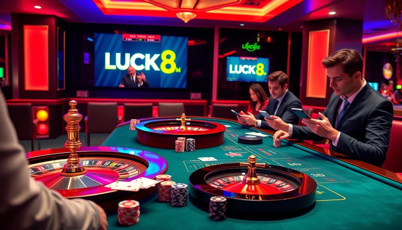 LUCK8 casino table with poker chips and a digital gaming interface, showcasing thrilling online betting.