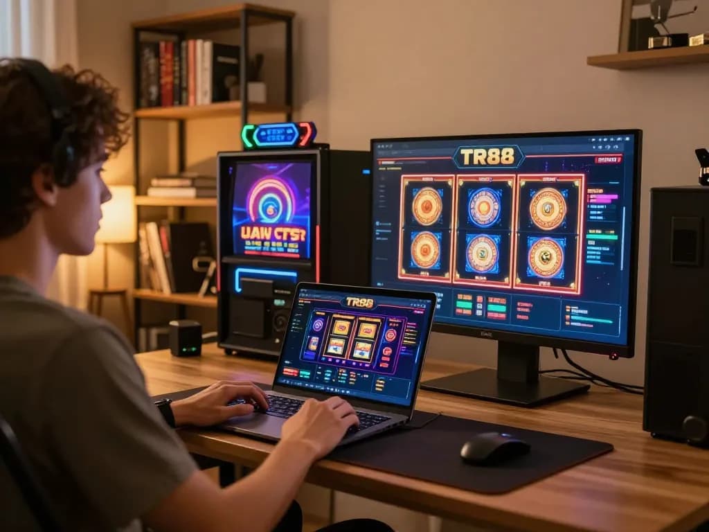 Player engaging with TR88 online casino on a laptop in a cozy, inviting home office.