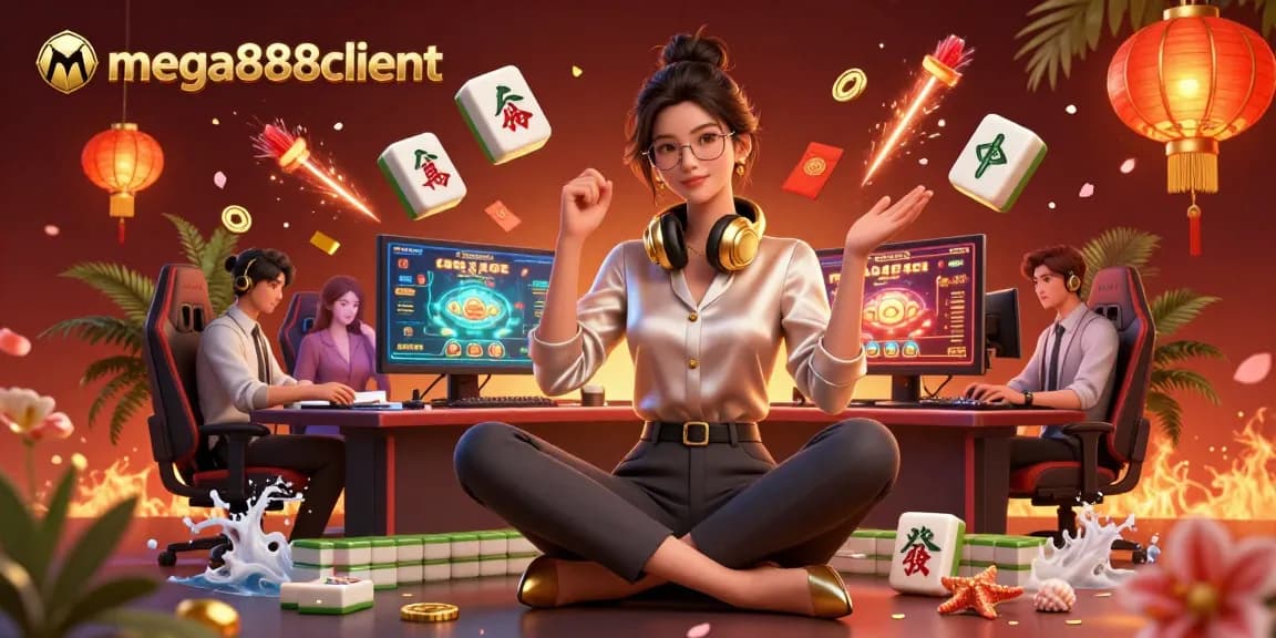 Engage with the thrilling world of online gaming at mega888client with vibrant elements and a professional gamer.