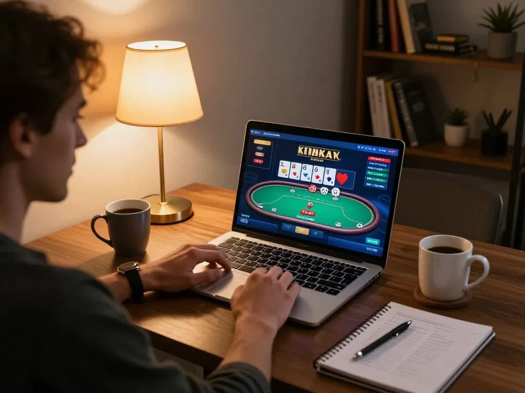 TG88 player strategizing with poker gameplay on laptop in a cozy home setting