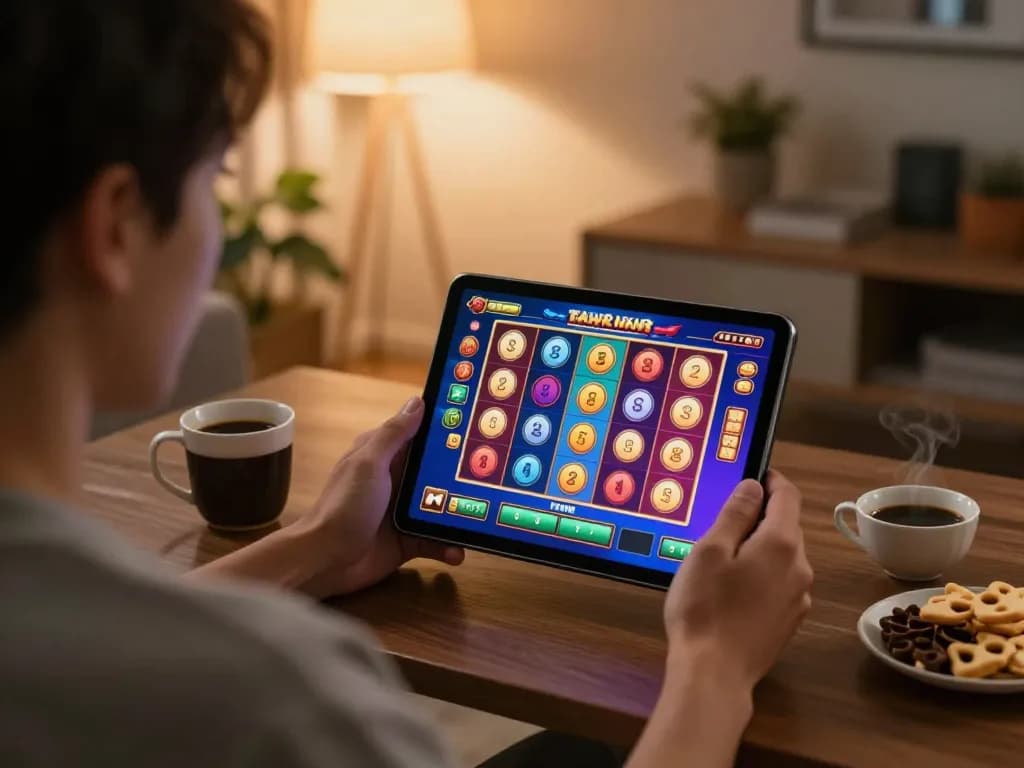 Player focusing on dewa slot game on a tablet in a cozy living room setting