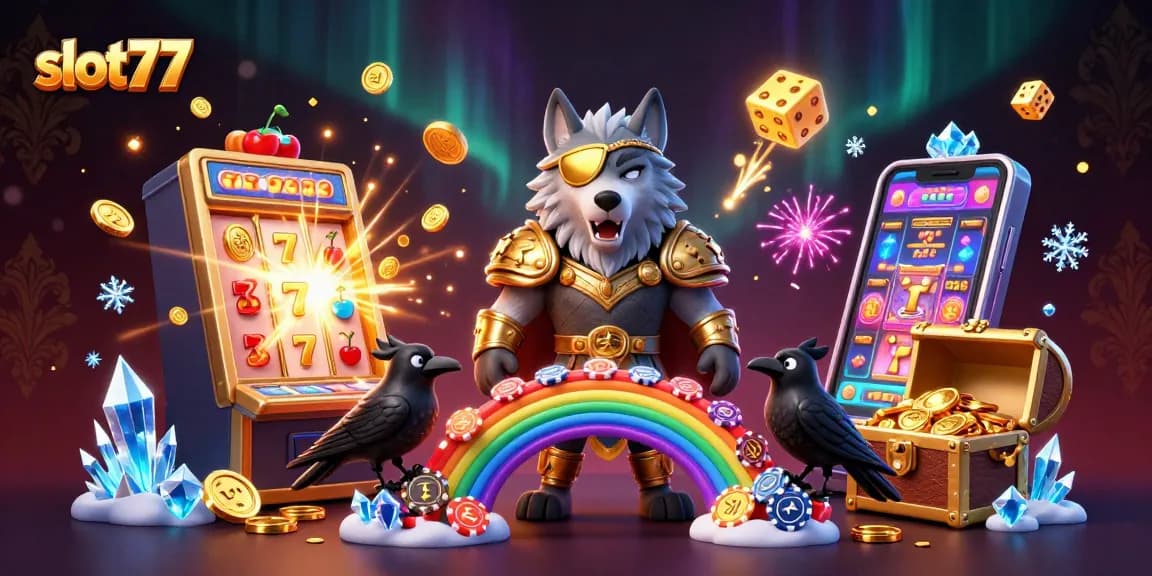 Spin to win big at slot77 with a vibrant 3D casino illustration showcasing a jackpot explosion.