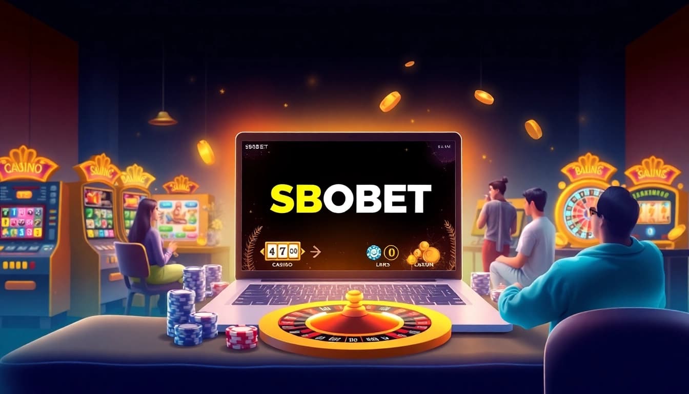 SBOBET online gaming interface surrounded by vibrant casino elements like chips and roulette.