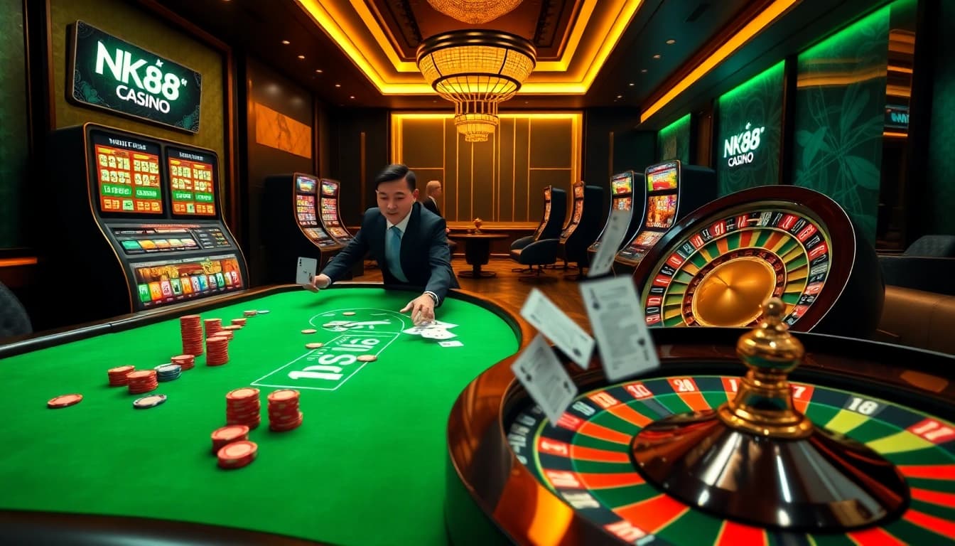 A professional dealer managing poker chips and cards at an nk88 casino table with vibrant betting action
