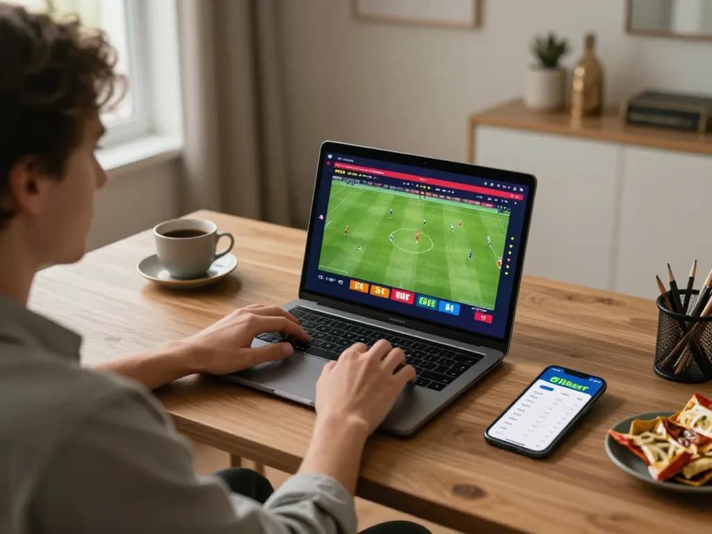 Engaging with nhà cái 8xbet, betting on a live football match from a stylish home setup.