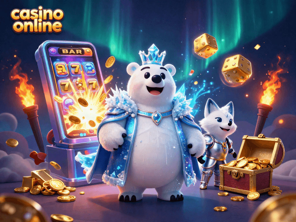 Experience casino online magic with a 3D polar bear king and snow fox in a dynamic slot scene.