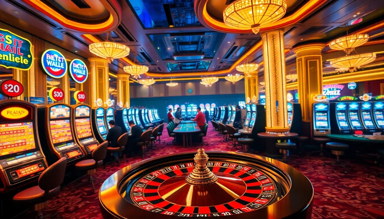 Exciting gameplay at a casino with vibrant tables and slot machines, representing https://mmoo1.de.com/.