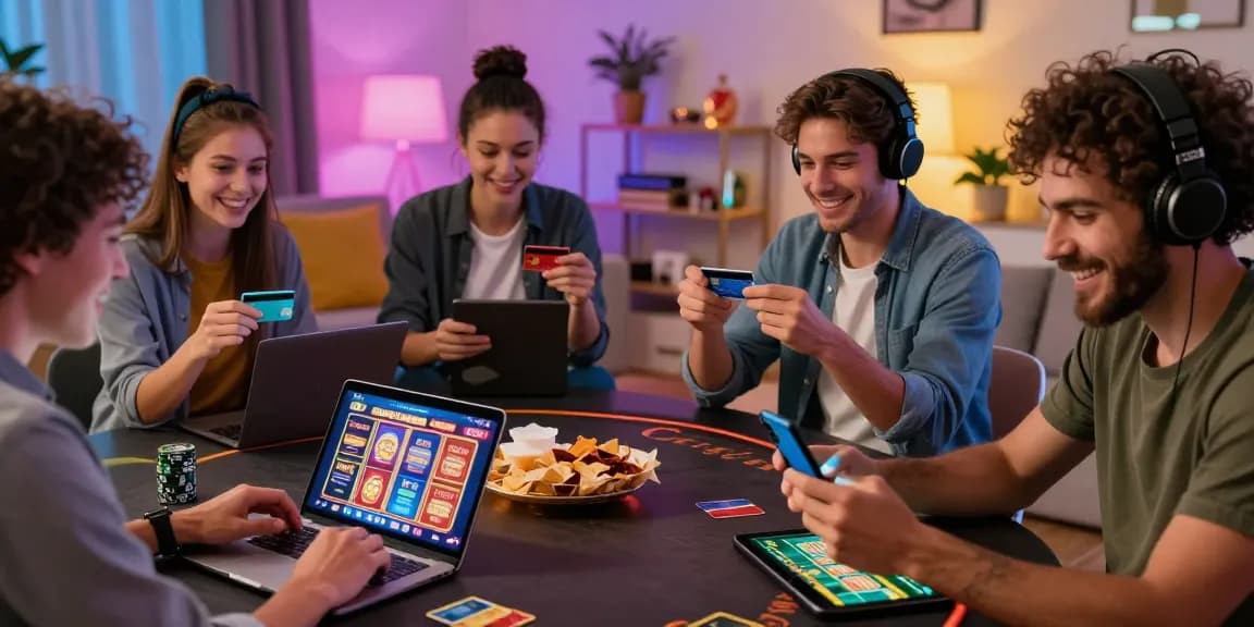 Players enjoying engaging games at credit card casinos in a cozy home setting, highlighting excitement and modern online gambling.