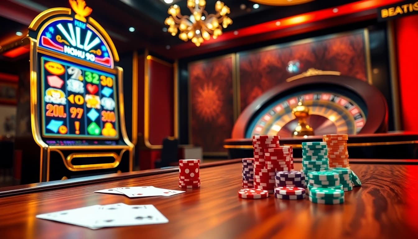 Experience the thrill of games at NOHU 90 casino featuring vibrant slot machines and poker tables.