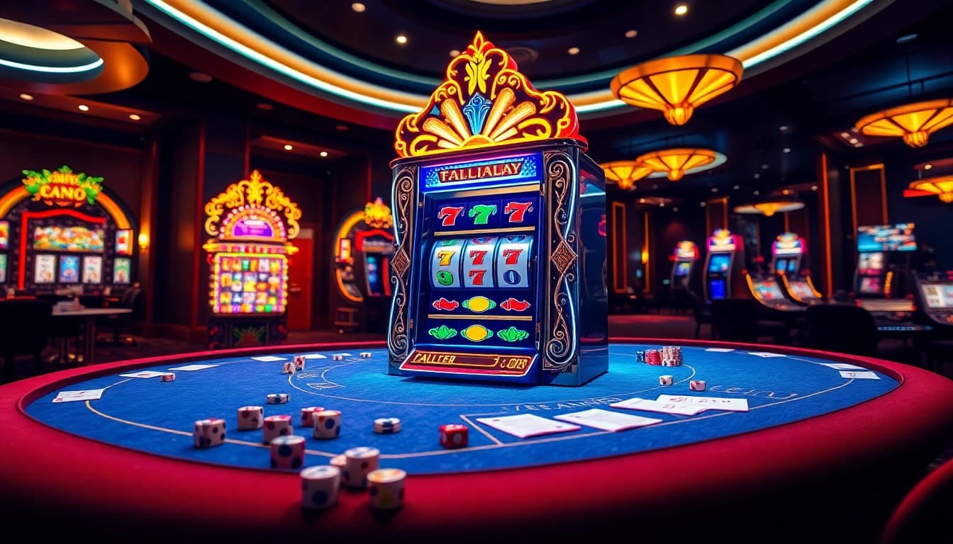 Engaging gamblers with sepuhplay's excitement through vibrant casino visuals featuring slot machines and poker tables.