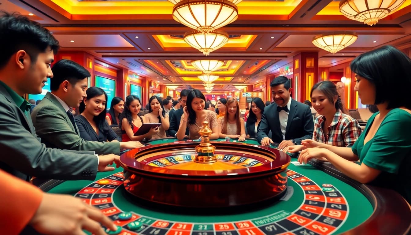 Exciting roulette game at a singapore online casino with enthusiastic players and vibrant decor.