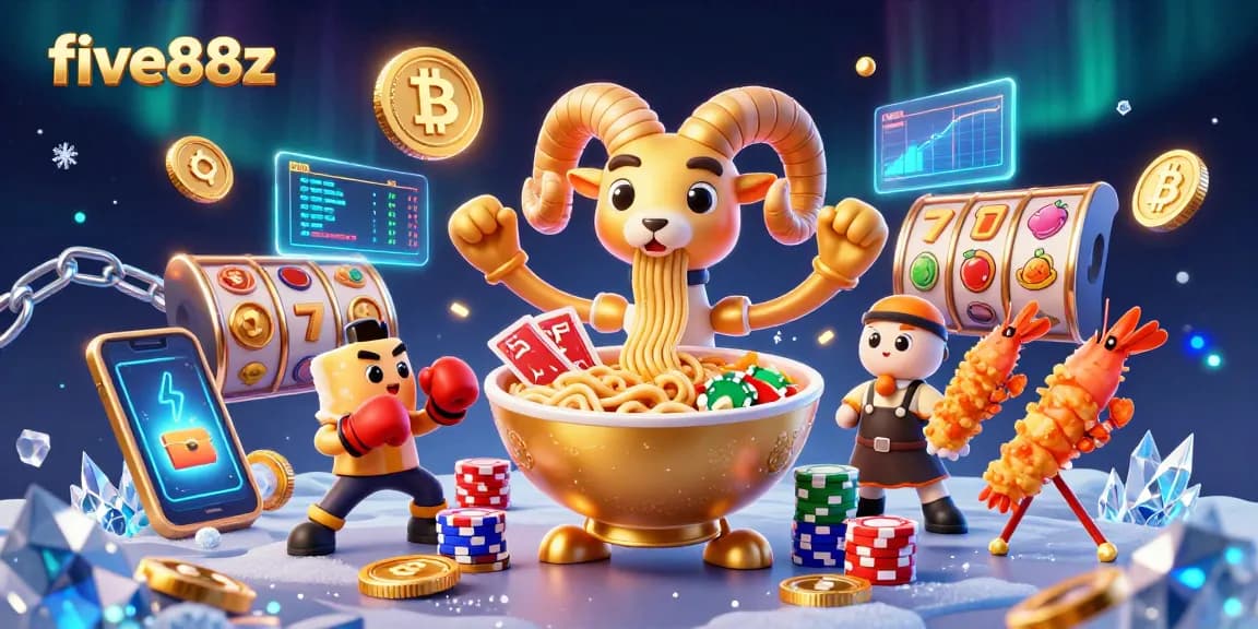 Play exciting games with five88z, featuring a vibrant 3D scene of casino characters and crypto elements.