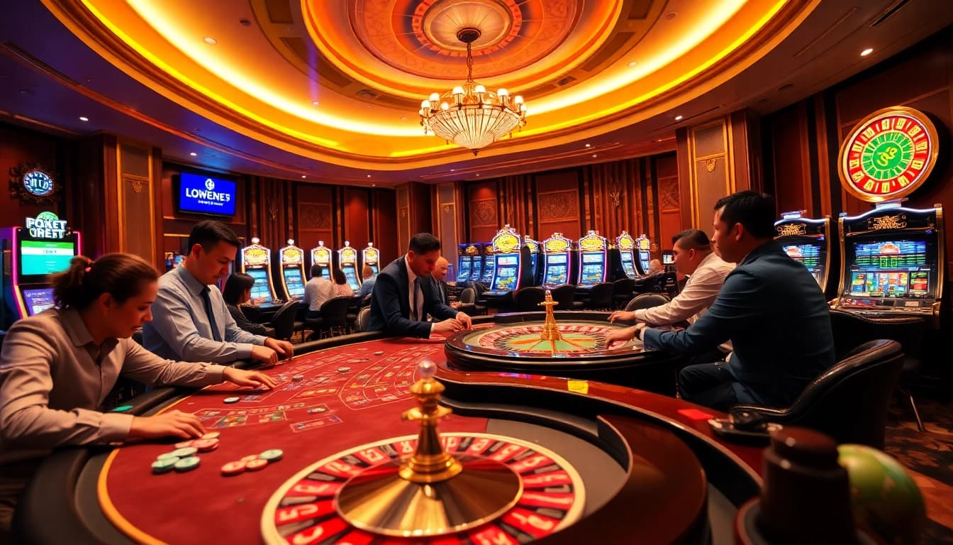 Experience the thrill of gambling at i9bet with a luxurious casino scene showcasing poker tables and vibrant slot machines.