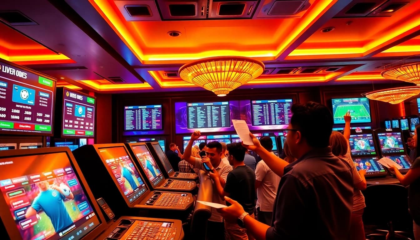 Excited bettors placing Taruhan Bola wagers in a vibrant sportsbook atmosphere.