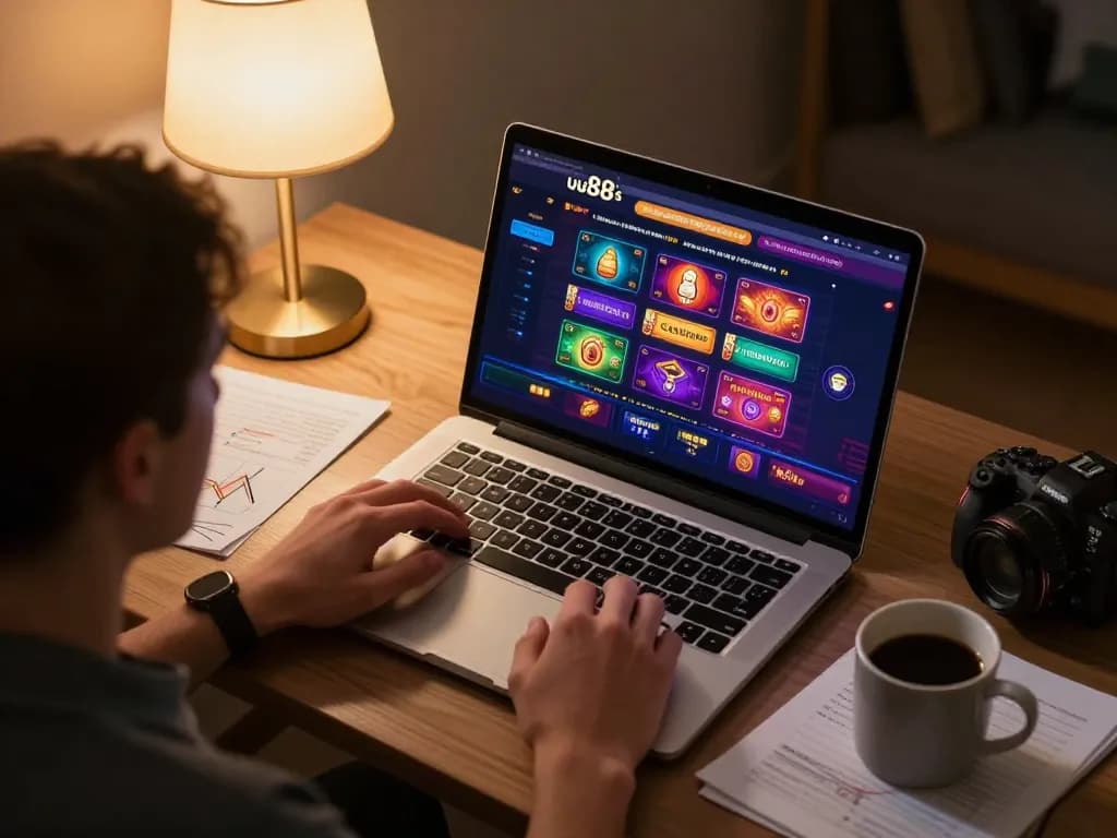 Player engaging with uu88's online casino interface, showcasing responsible gambling at home.