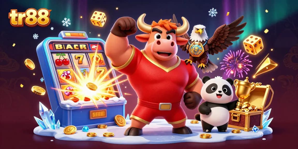 tr88 jackpot celebration with a muscular bull mascot, eagle, and panda among casino elements