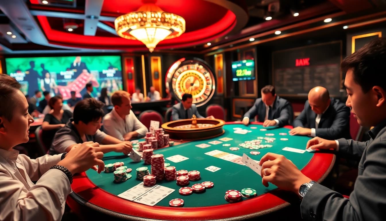 Excited players engaging in Taruhan Bola with vibrant poker chips and betting slips at a luxurious casino.