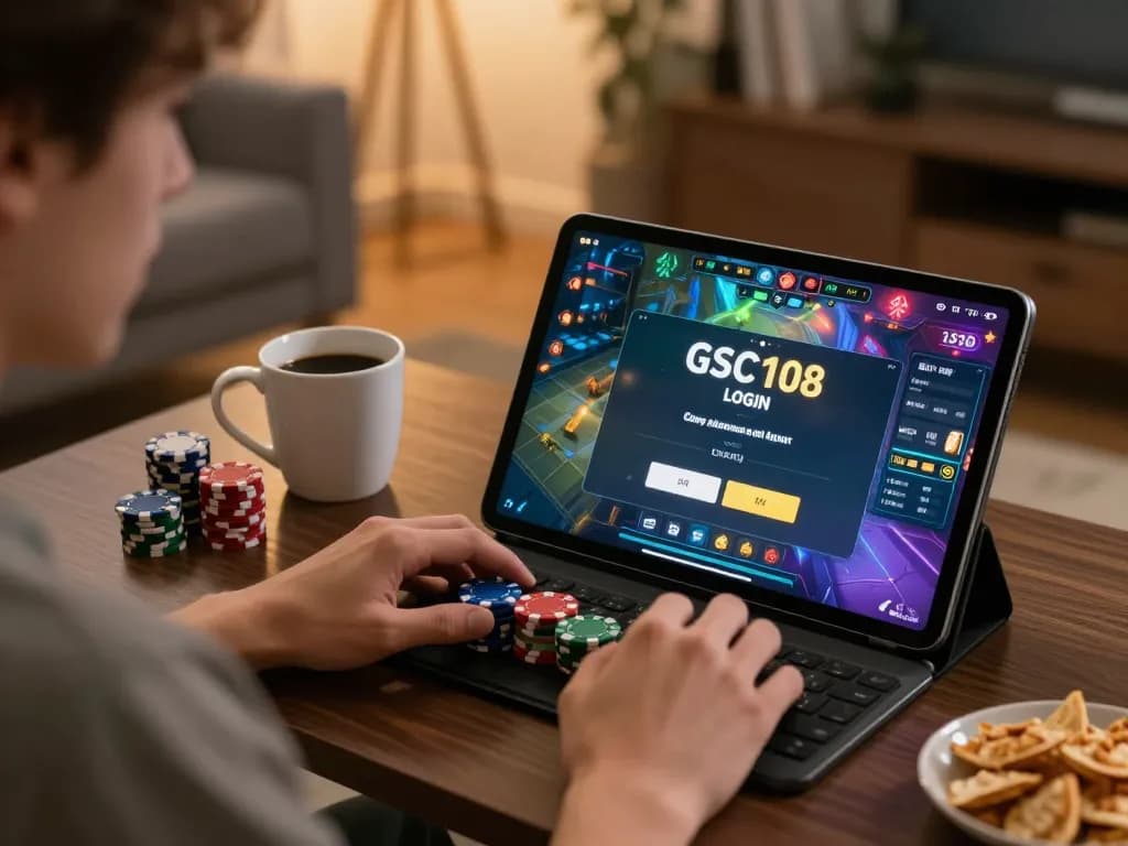 Terlibat dalam GSC108 Login selama petualangan slot online di rumah, menampilkan seorang pemain dengan tablet dan camilan